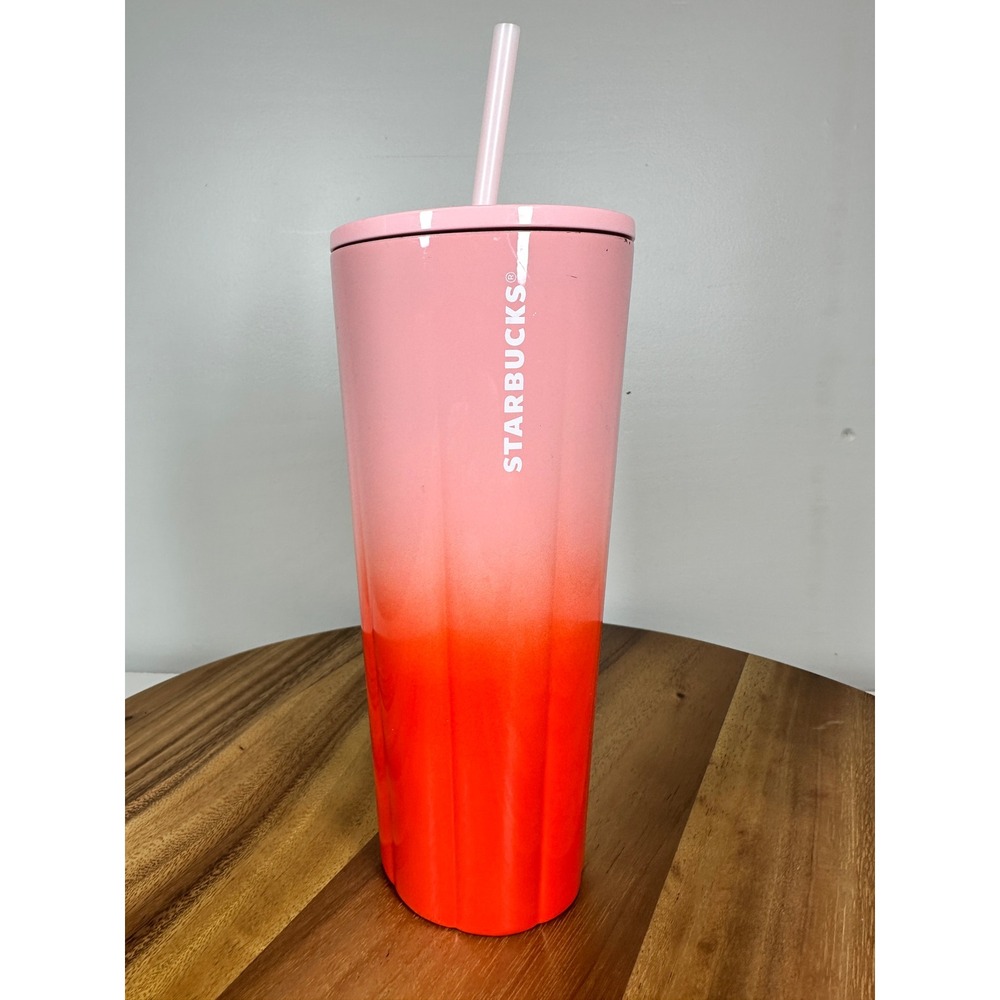 Starbucks 2020 Holiday Tumbler Ombre Pink Red Puffy Stainless Steel w/Straw 24oz